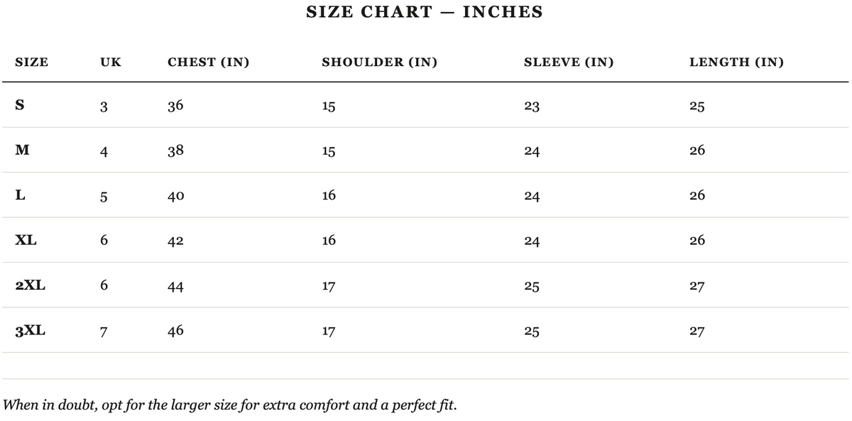 Size guide in inches