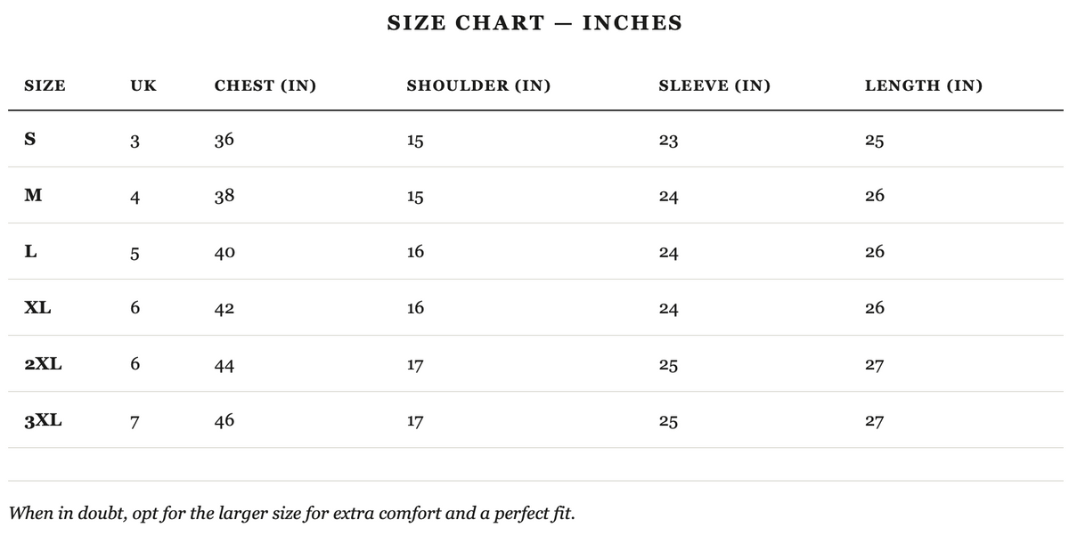 Size guide in inches