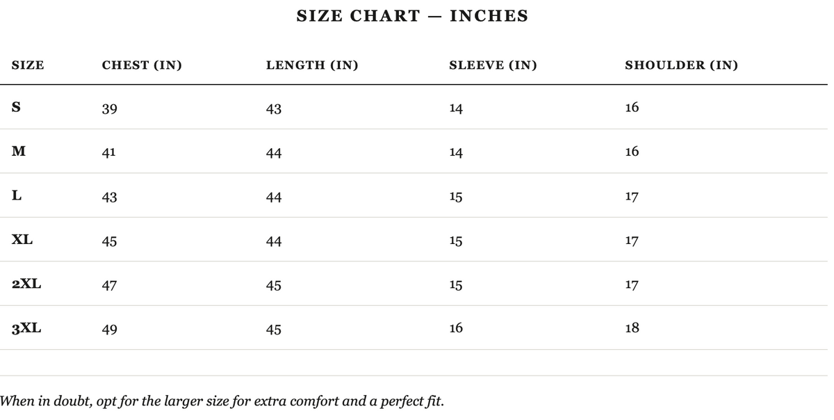 Size guide in inches
