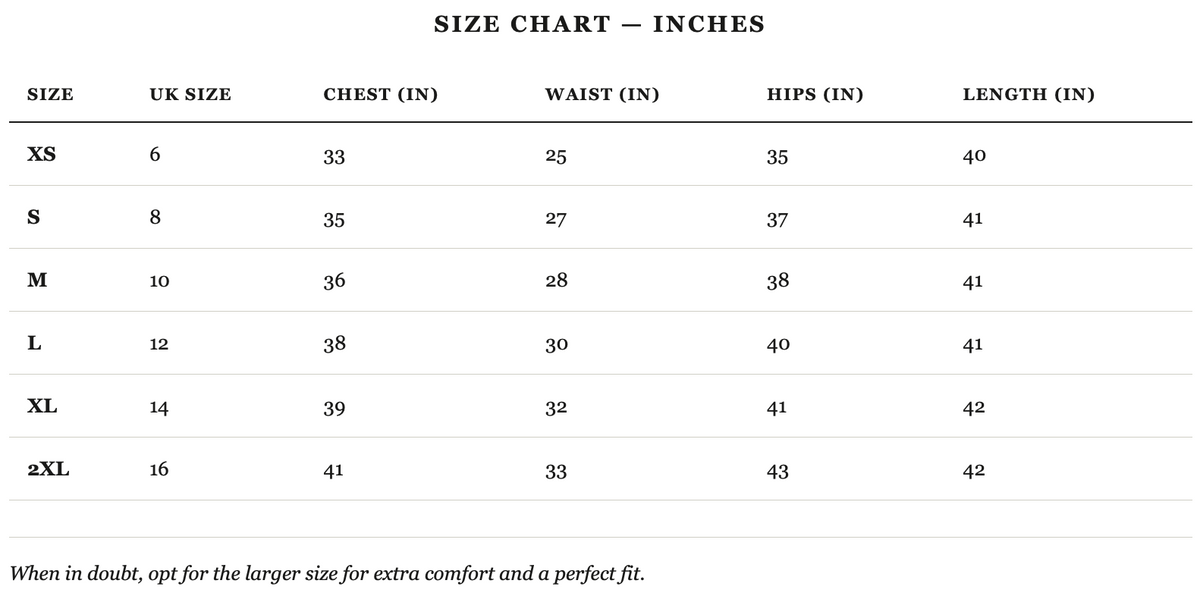 Size guide in inches