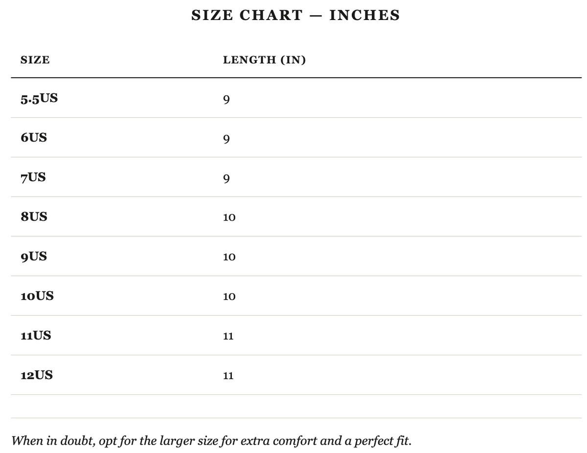Size guide in inches