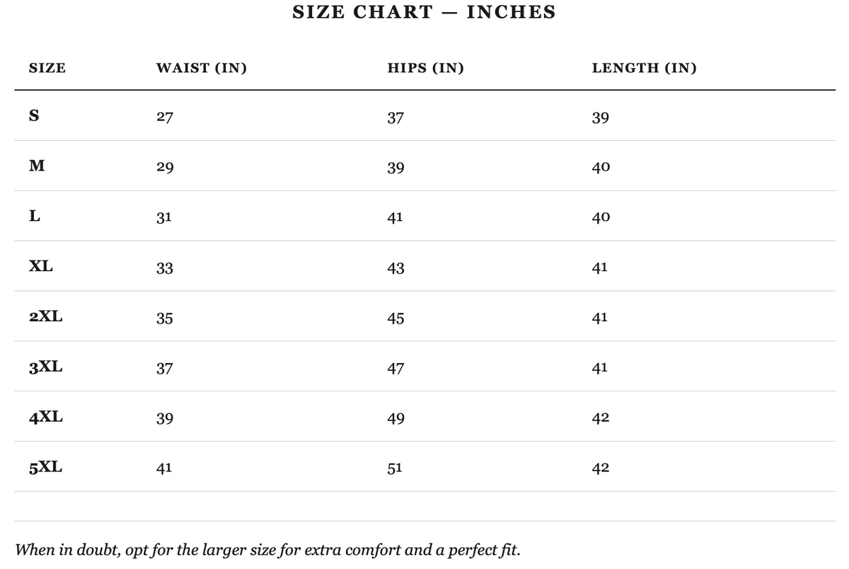 Size guide in inches