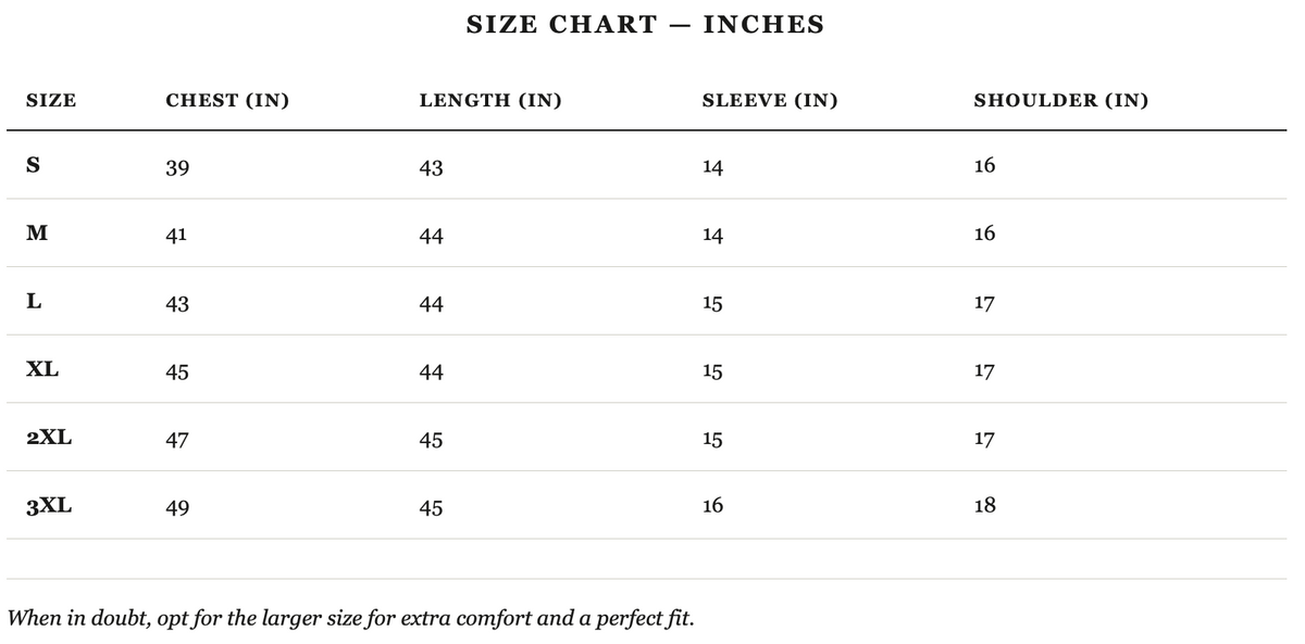Size guide in inches