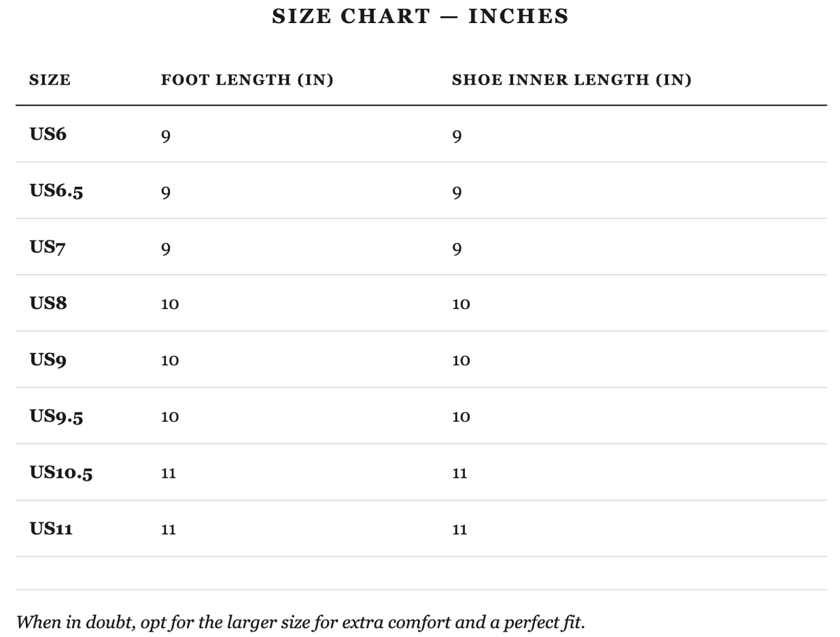 Size guide in inches