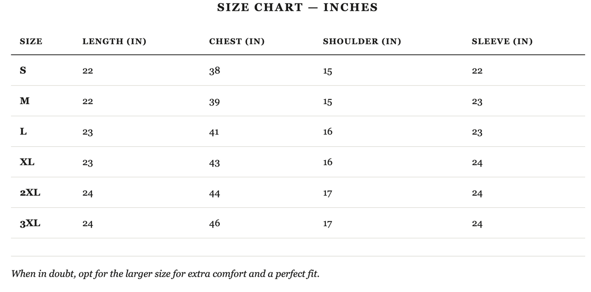 Size guide in inches