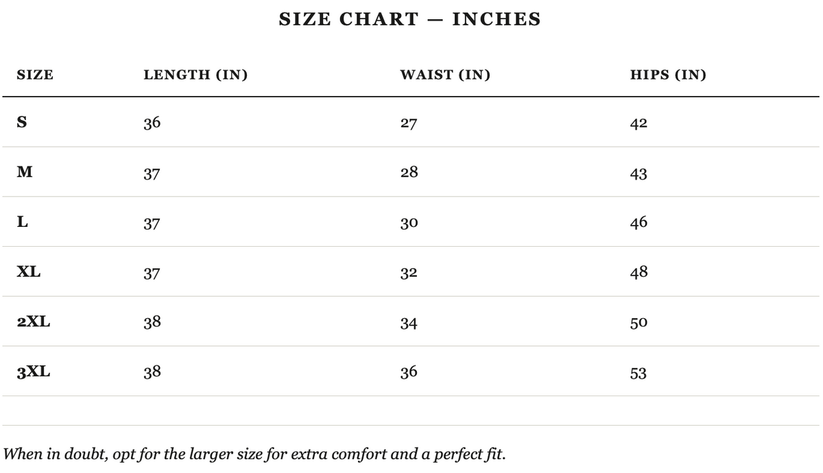 Size guide in inches