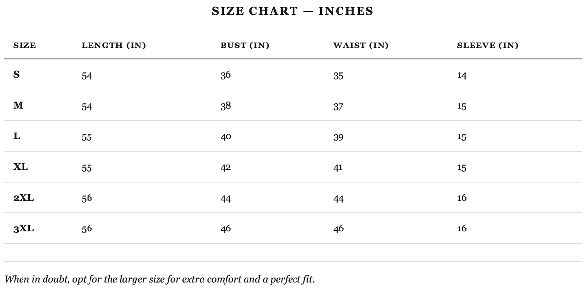 Size guide in inches