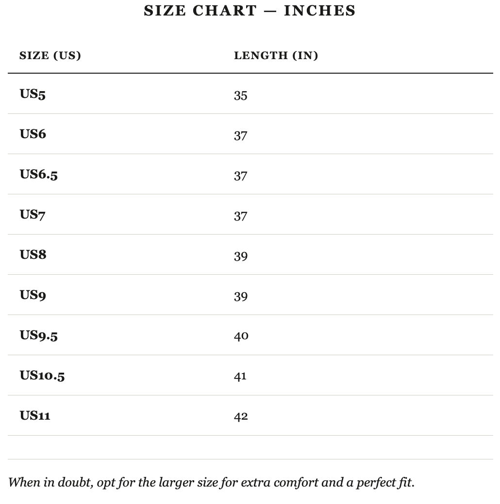 Size guide in inches