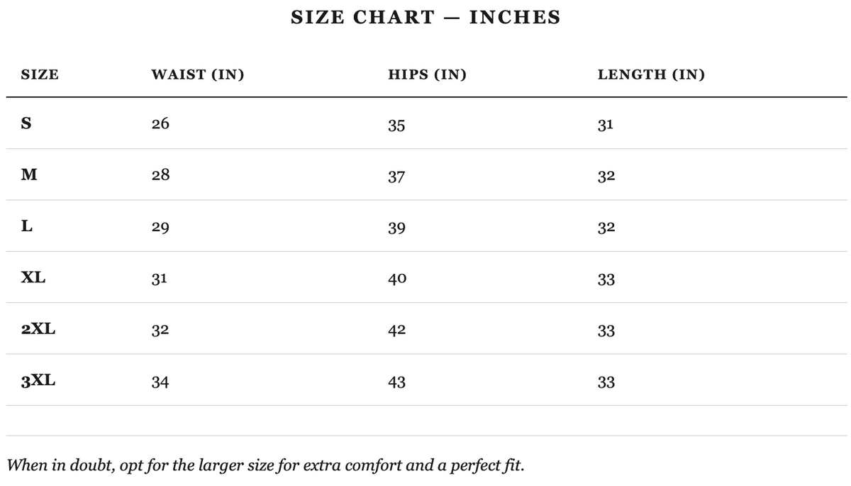 Size guide in inches
