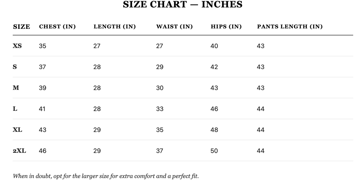 Size guide in inches