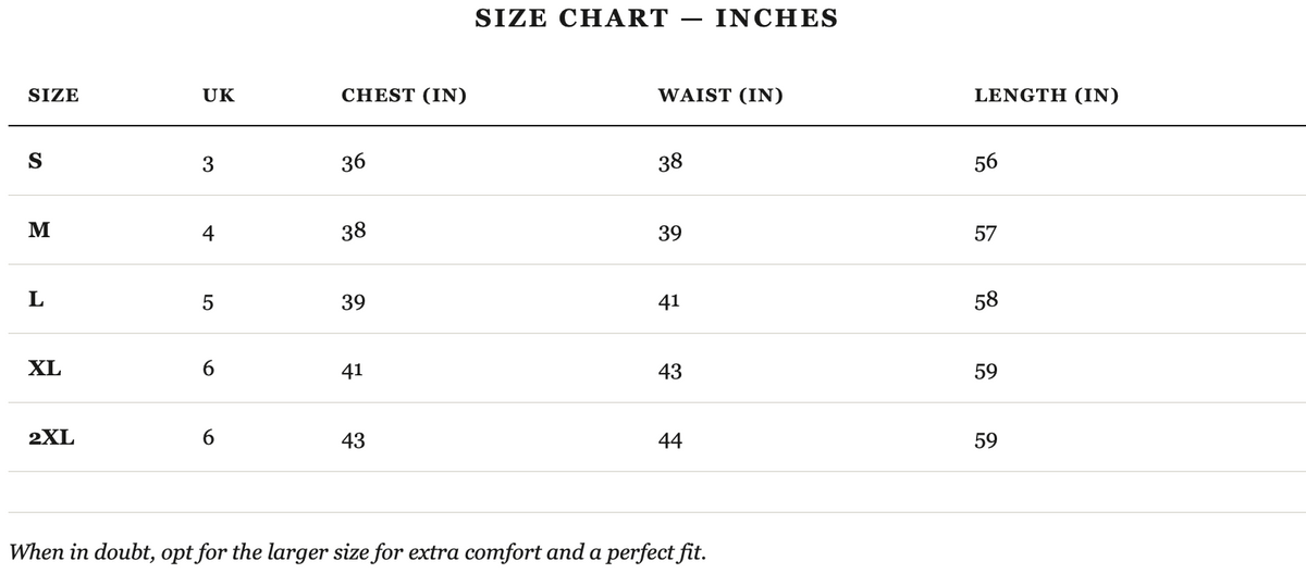 Size guide in inches