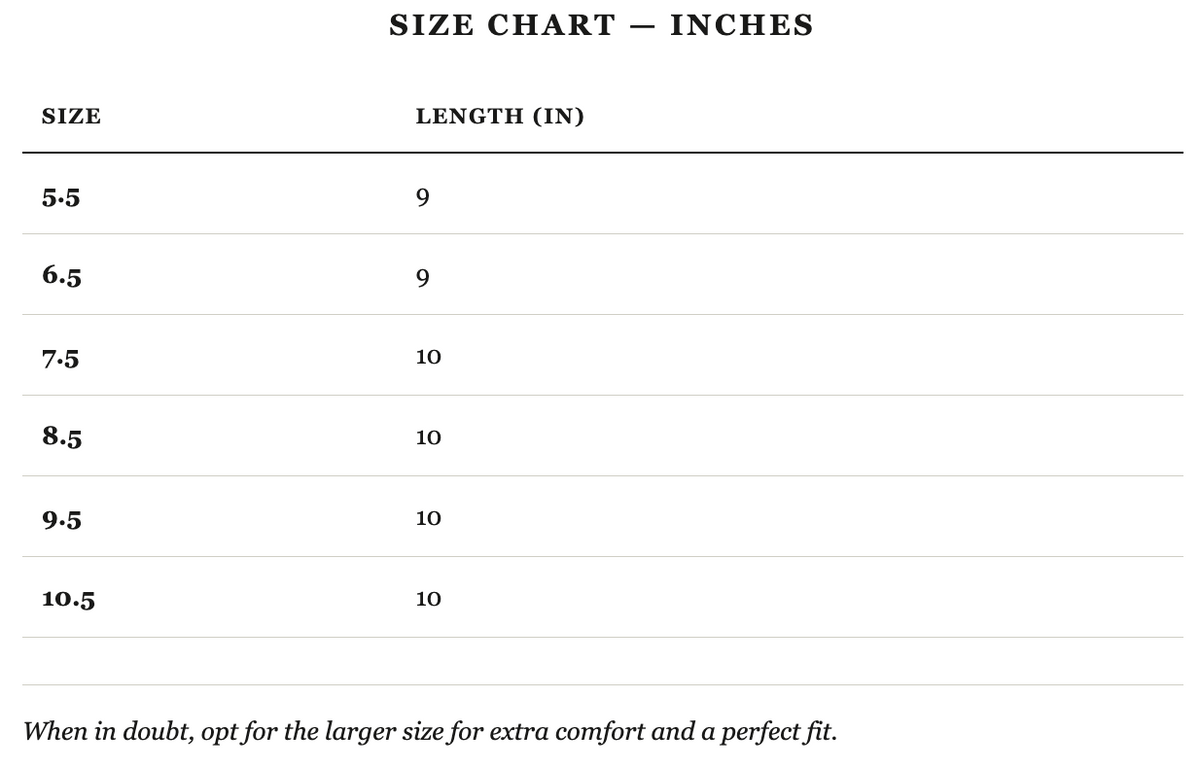 Size guide in inches