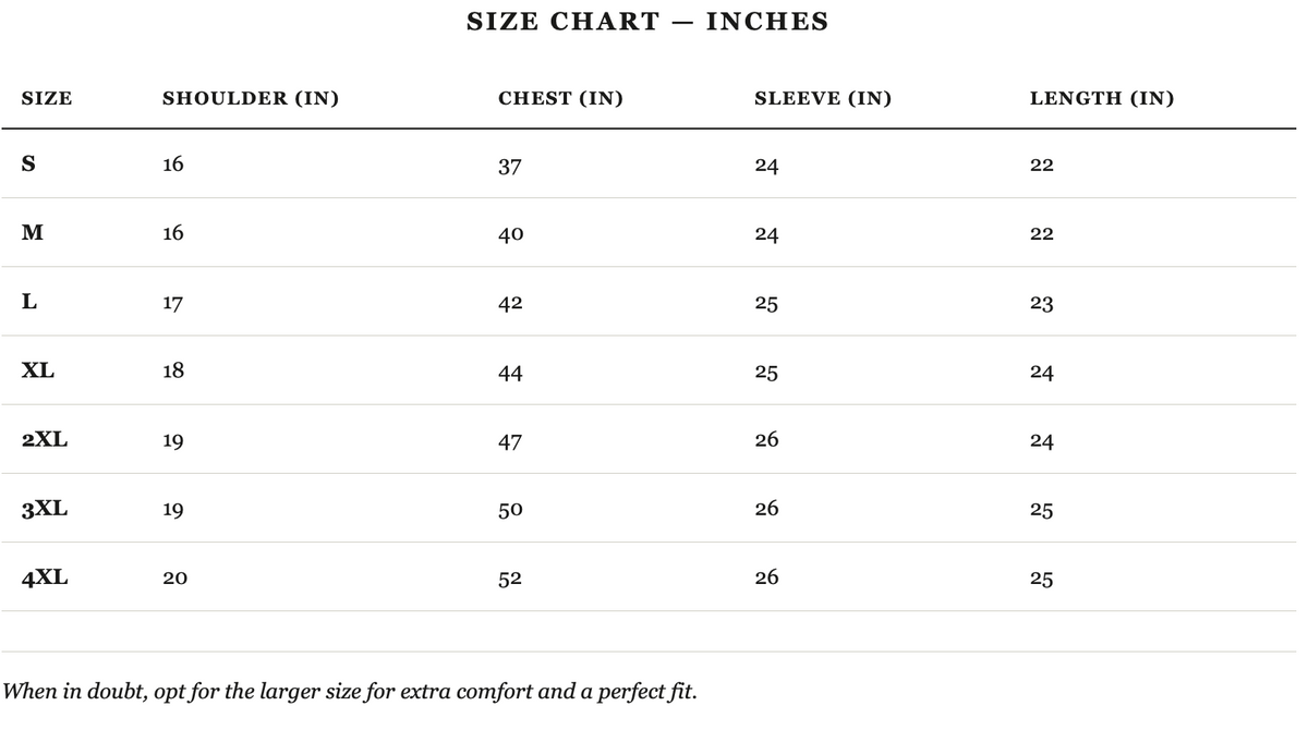 Size guide in inches