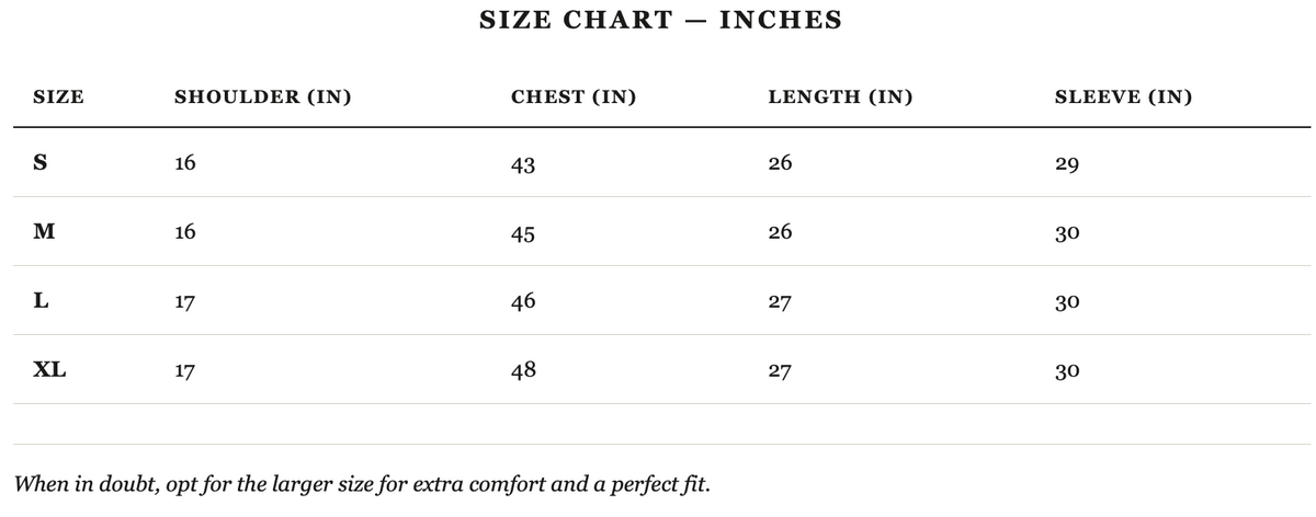 Size guide in inches