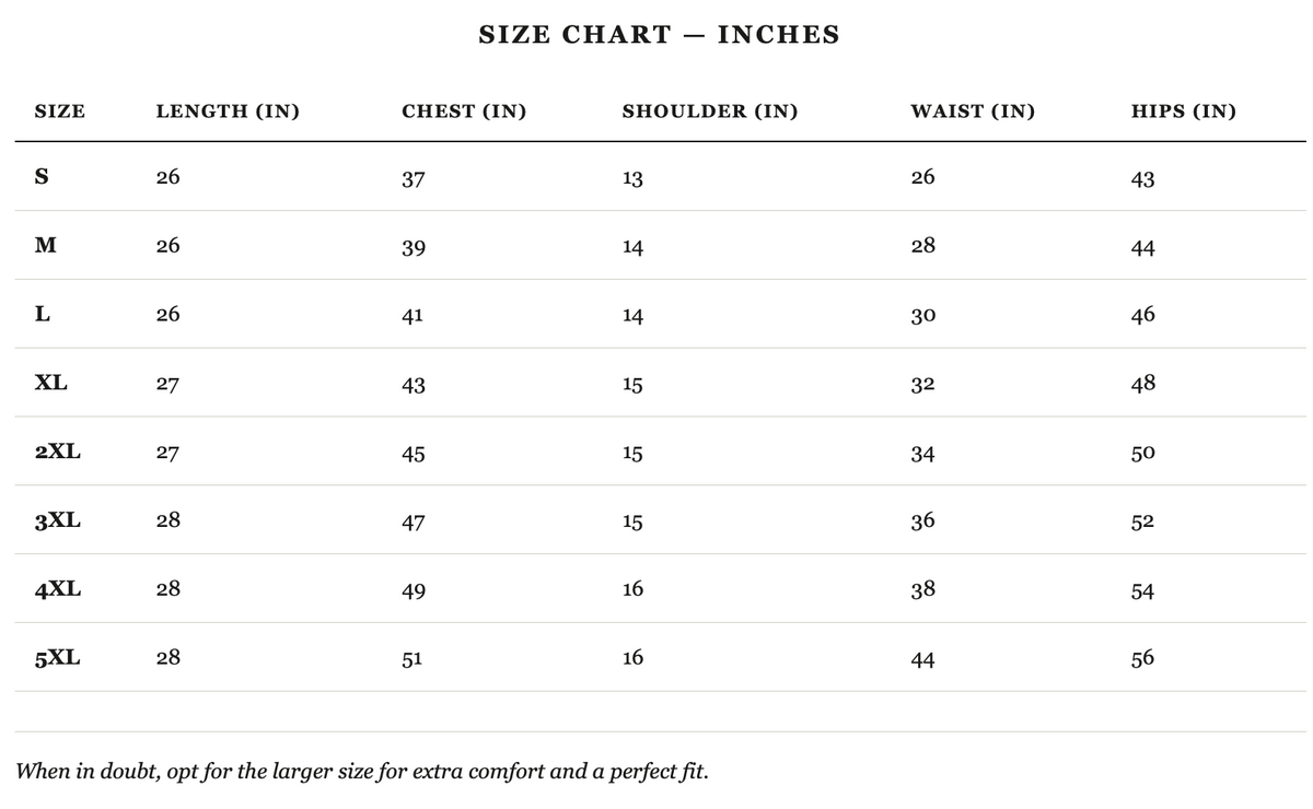 Size guide in inches