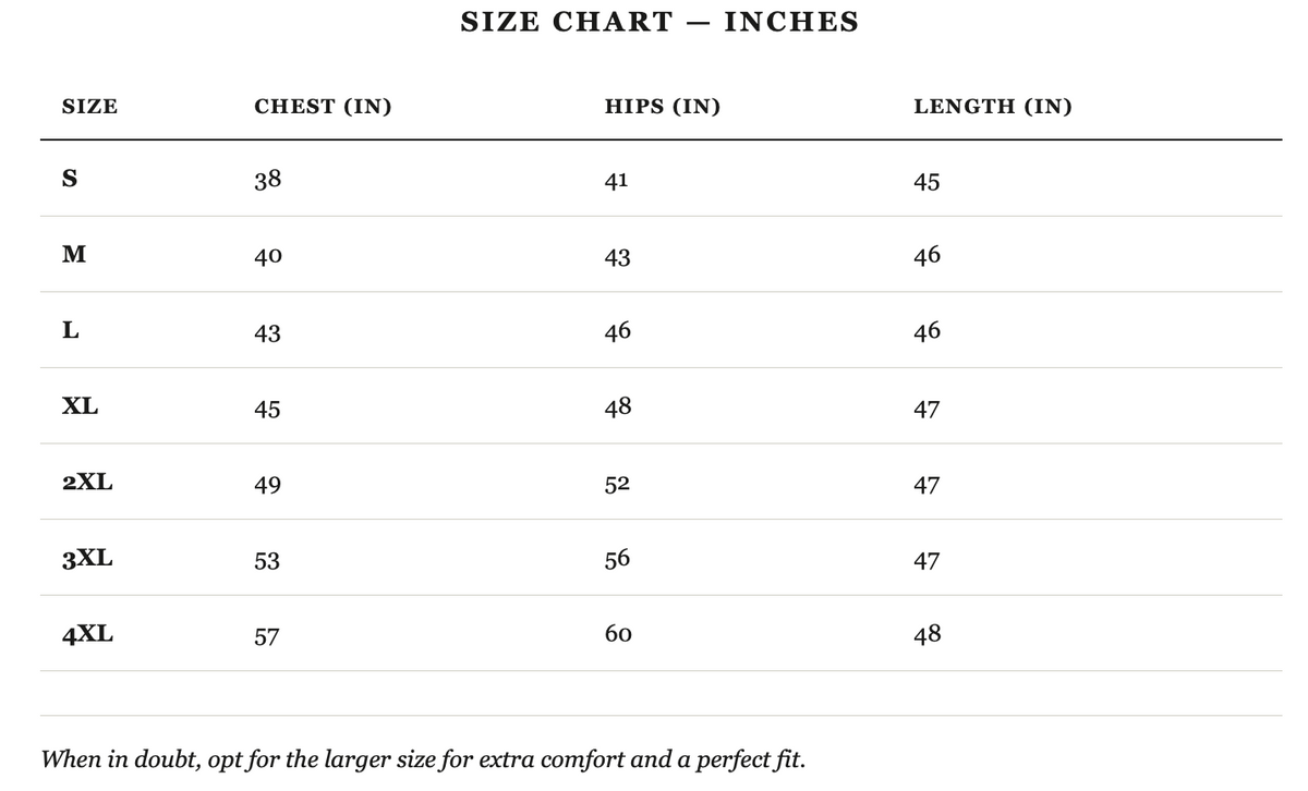 Size guide in inches