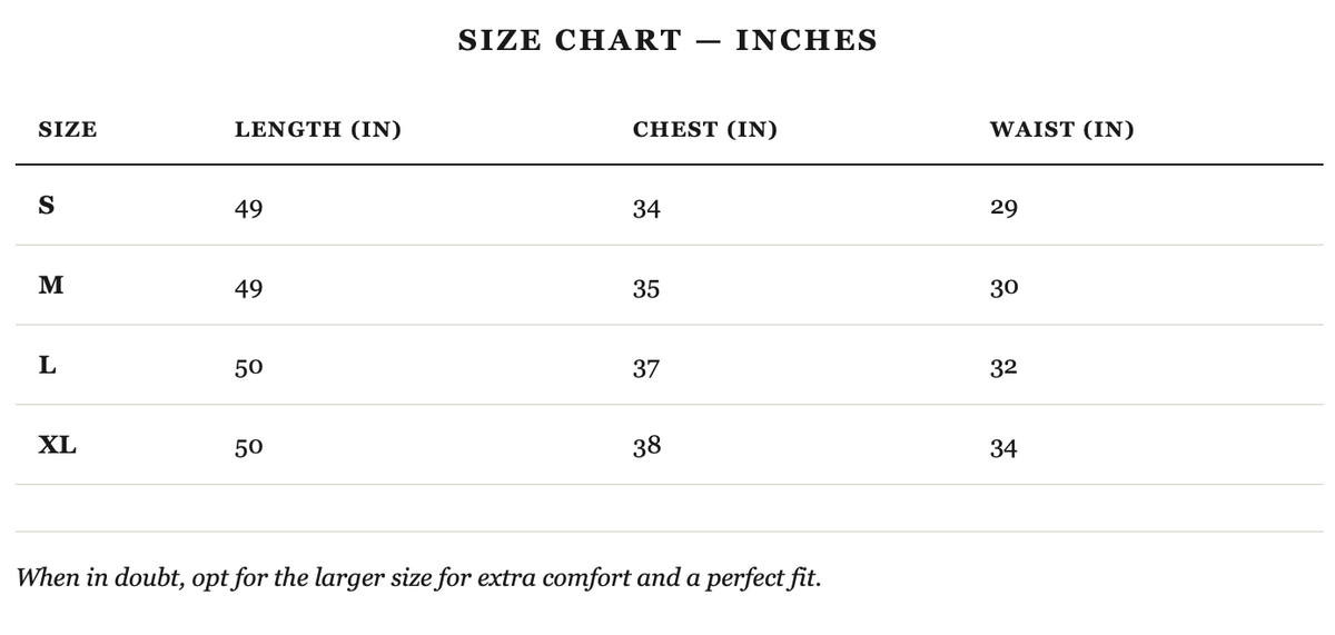 Size guide in inches
