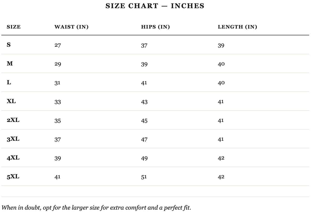 Size guide in inches