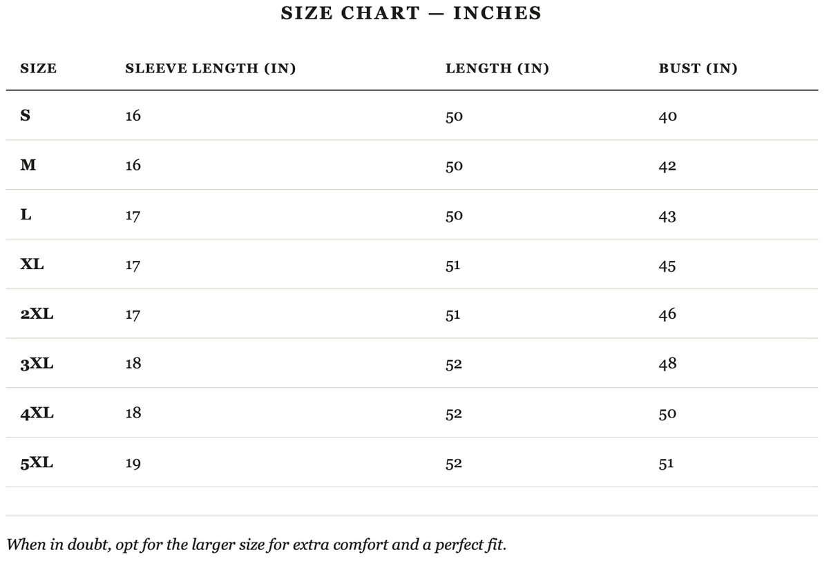 Size guide in inches