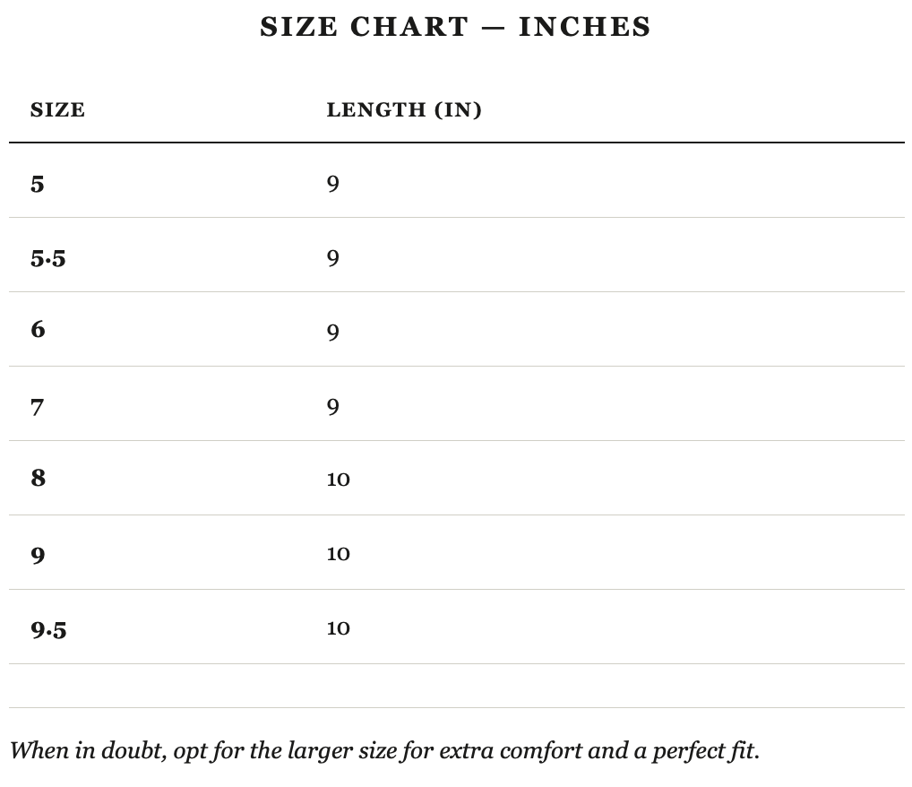 Size guide in inches