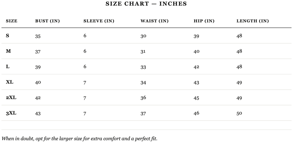 Size guide in inches