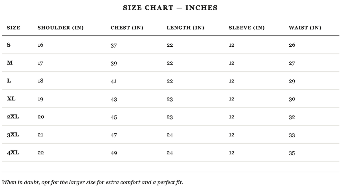 Size guide in inches