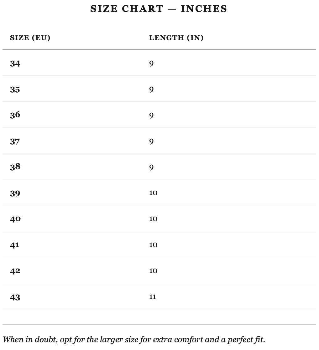 Size guide in inches
