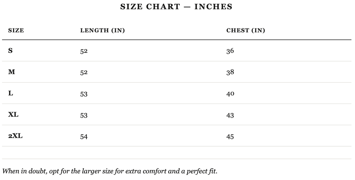 Size guide in inches