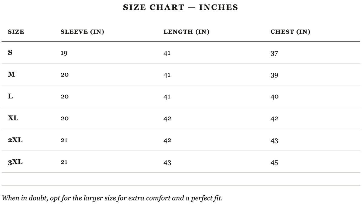 Size guide in inches