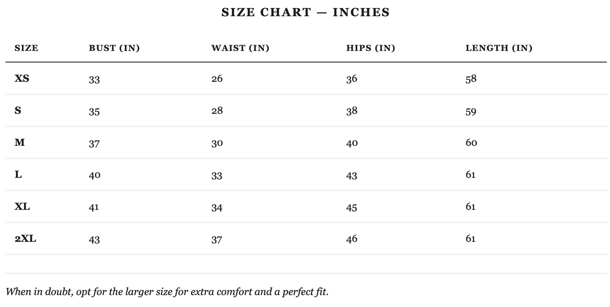 Size guide in inches