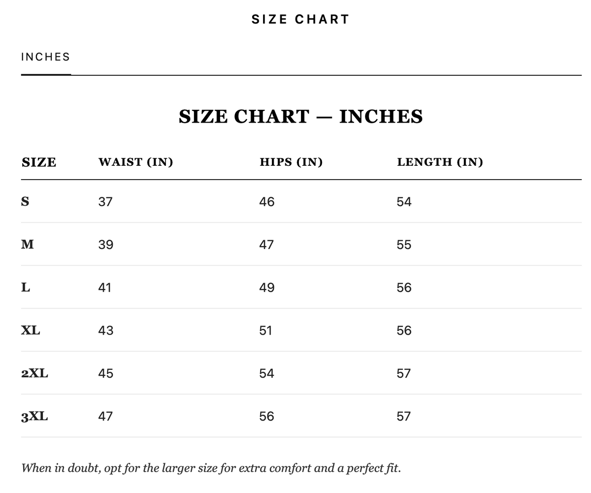 Size guide in inches