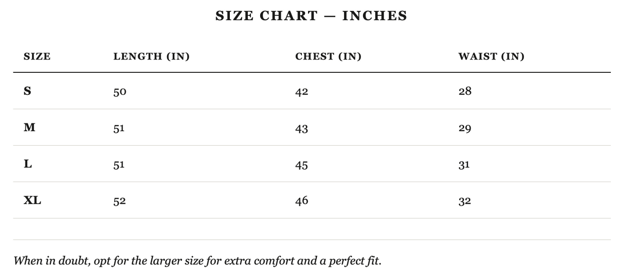 Size guide in inches