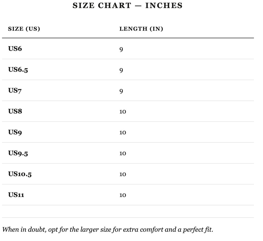 Size guide in inches