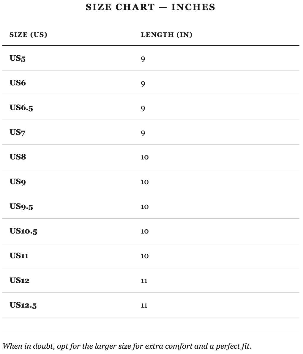 Size guide in inches