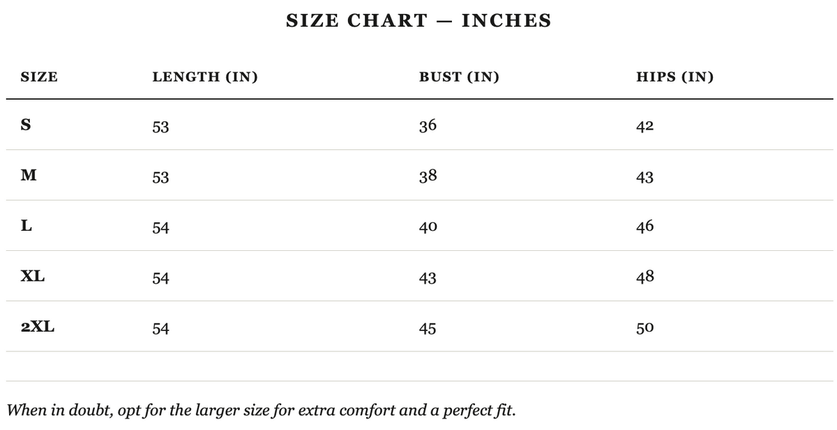 Size guide in inches
